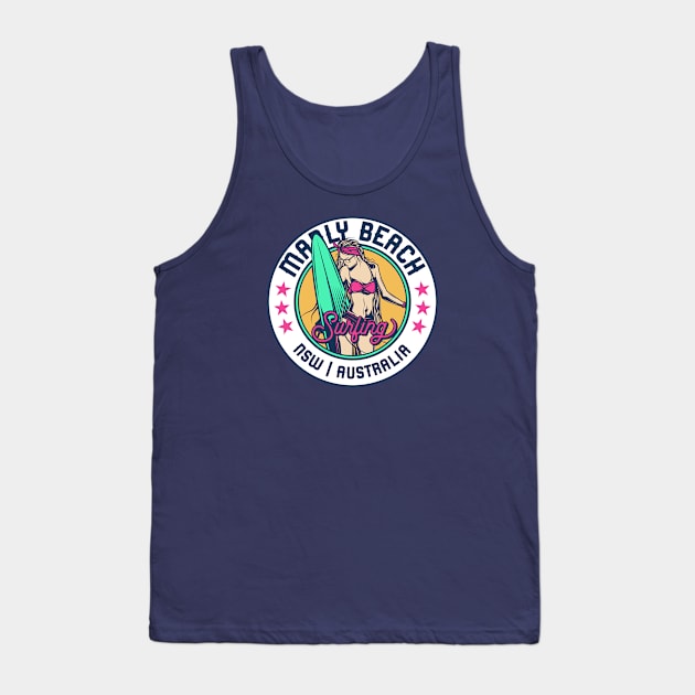 Retro Surfer Babe Badge Manly Beach NSW New South Wales Australia Tank Top by Now Boarding